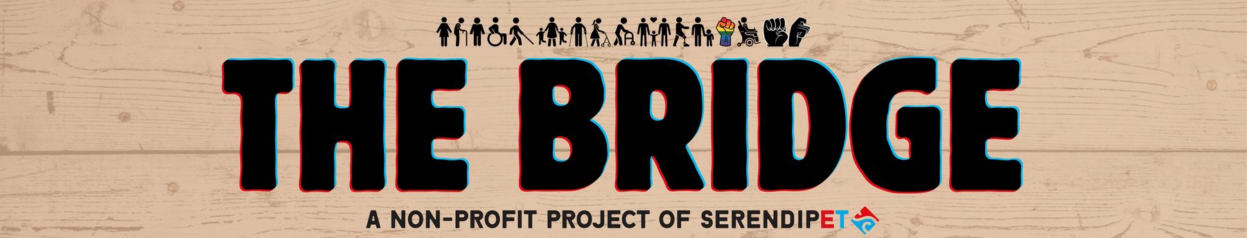 The Bridge shop front signage at Katong Shopping Centre — a non-profit project of serendipET, with icons representing people from all walks of life